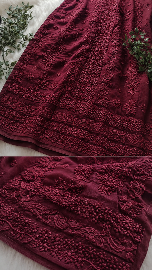 Wine Premium Georgette luxurious Chikankari Long Kurta Heavy Embroidery with Light weight