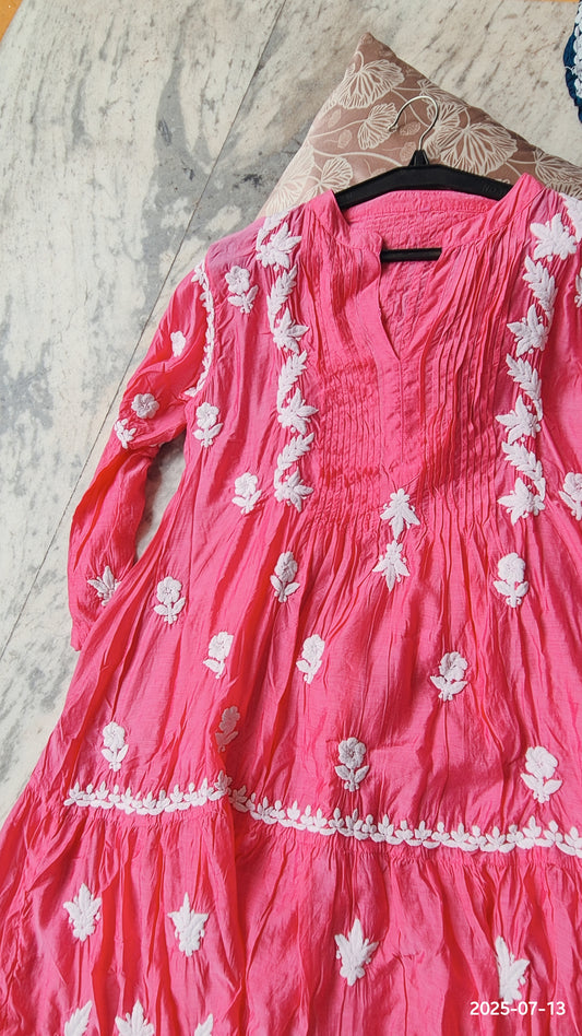 Beautiful Pink Midi Dress Pure Handcrafted Luxurious Chikankari