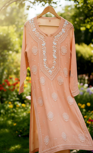 Powder Brown Beautiful Noori  Premium Georgette Chikankari Kurta Cutdana Embroidery