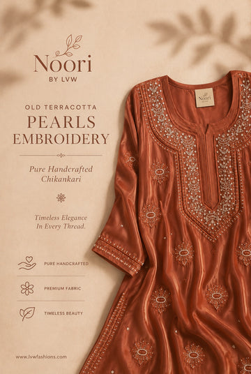 Old terracotta Noori Premium Georgette Chikankari Pearls Cutdana Embroidery