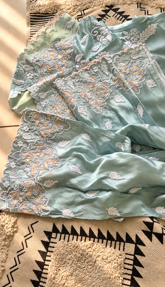 Silk Pure Handcrafted Designer Co-ord Set with Chikankari and golden Gota work