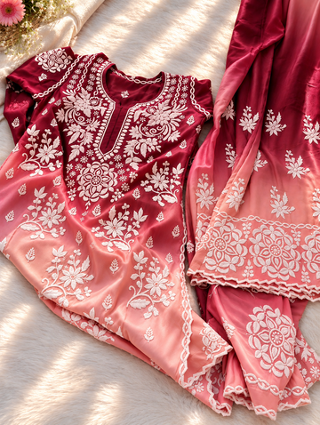Blush Wine Premium Silk Chikankari kurti co-ord set