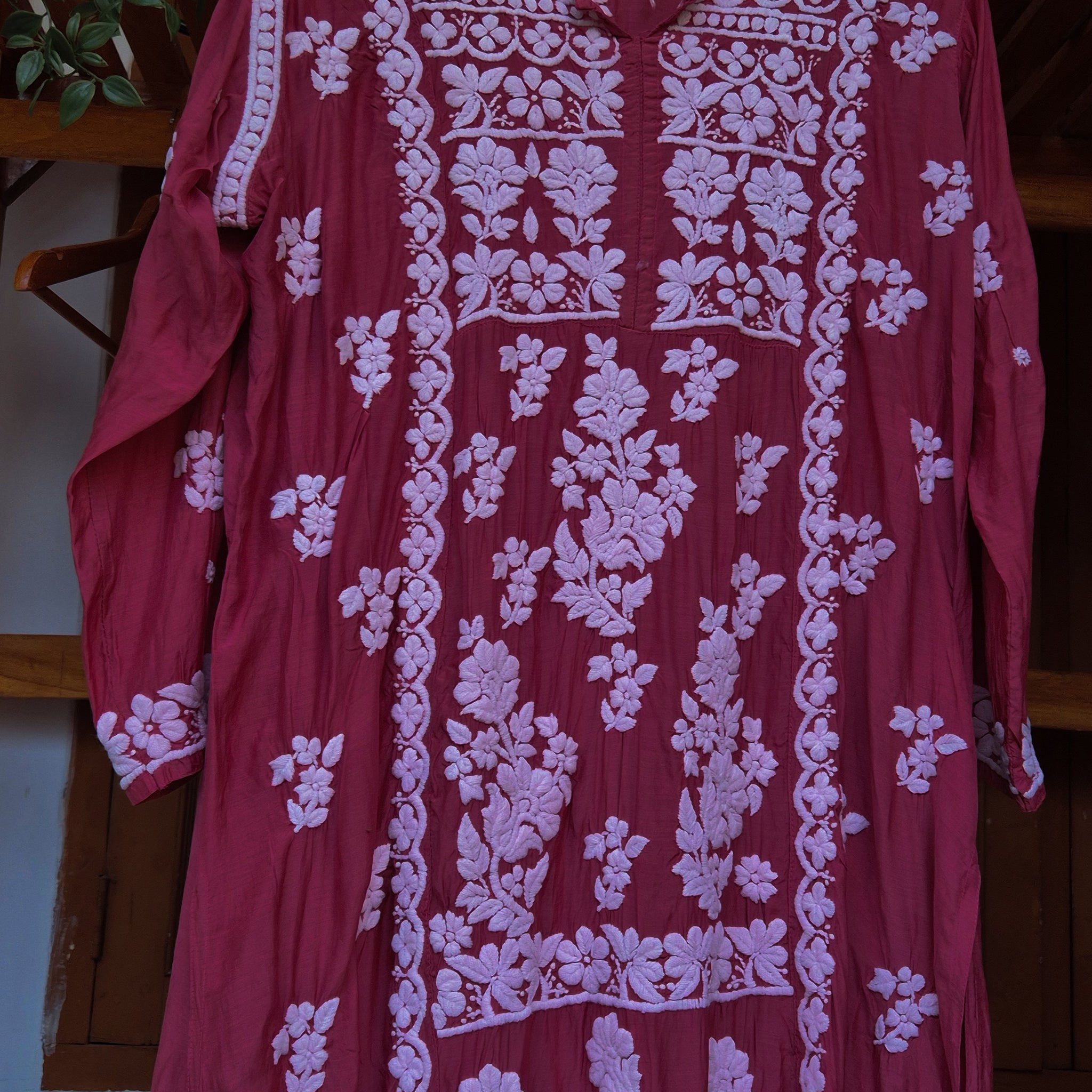Wine Chocolate Premium Silk Pure Handmade Chikankari Tunic