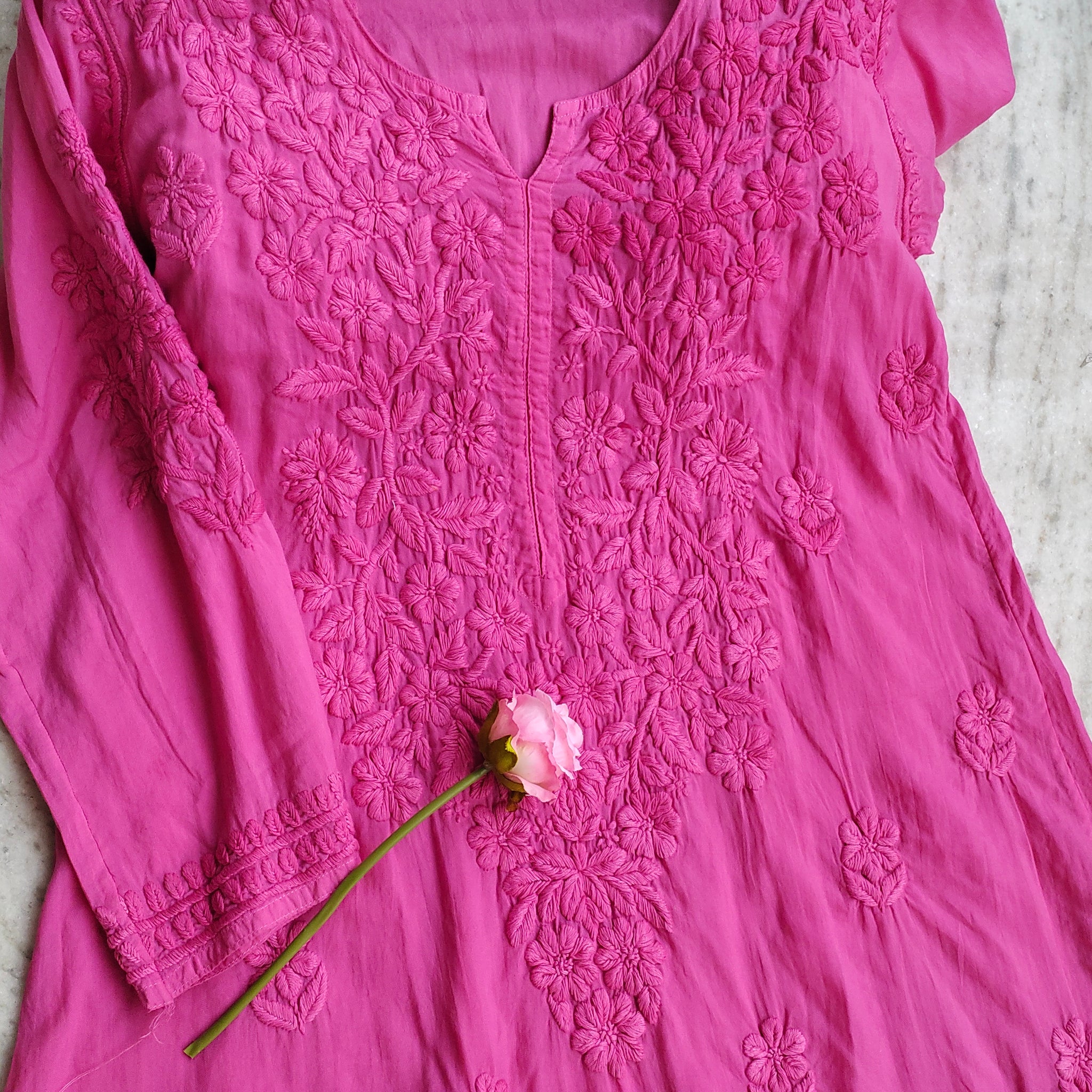 Raspberry pink Soft Modal Non Transparent Chikankari Kurti