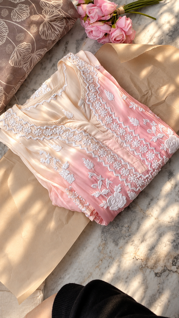 Cream and Pink  chikankari  Premium Silk Co-ord Set Front Back Embroidery Special (Limited Edition) (Copy)