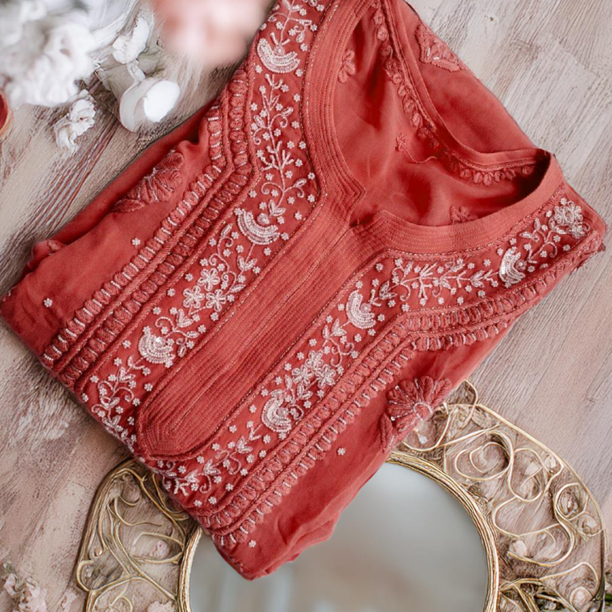 Noori Premium Georgette Chikankari Kurta Pearls Cutdana Embroidery