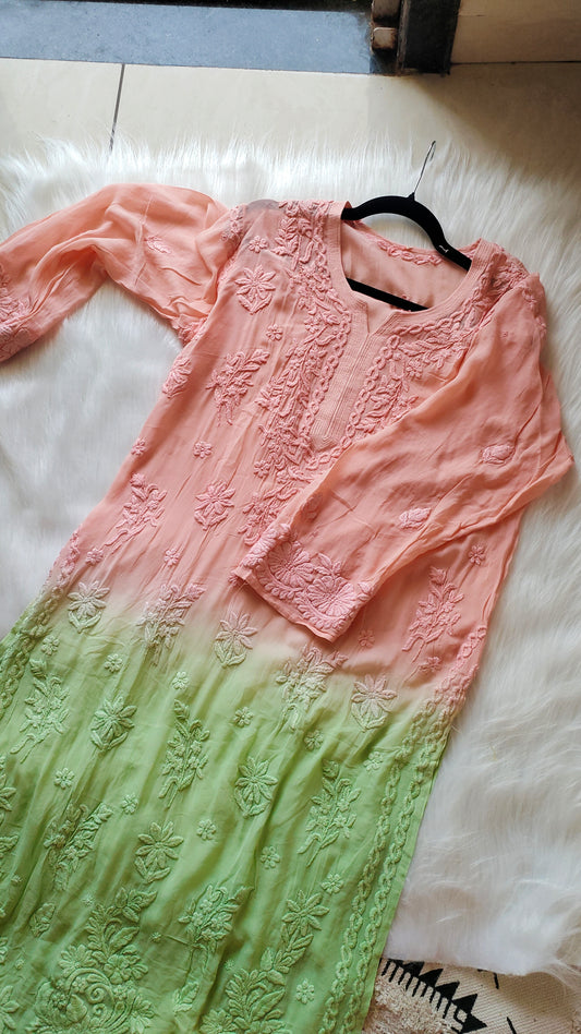 RAFIYA  Double shade Premium Georgette Puffed Chikankari Long Kurta Pure Handcrafted