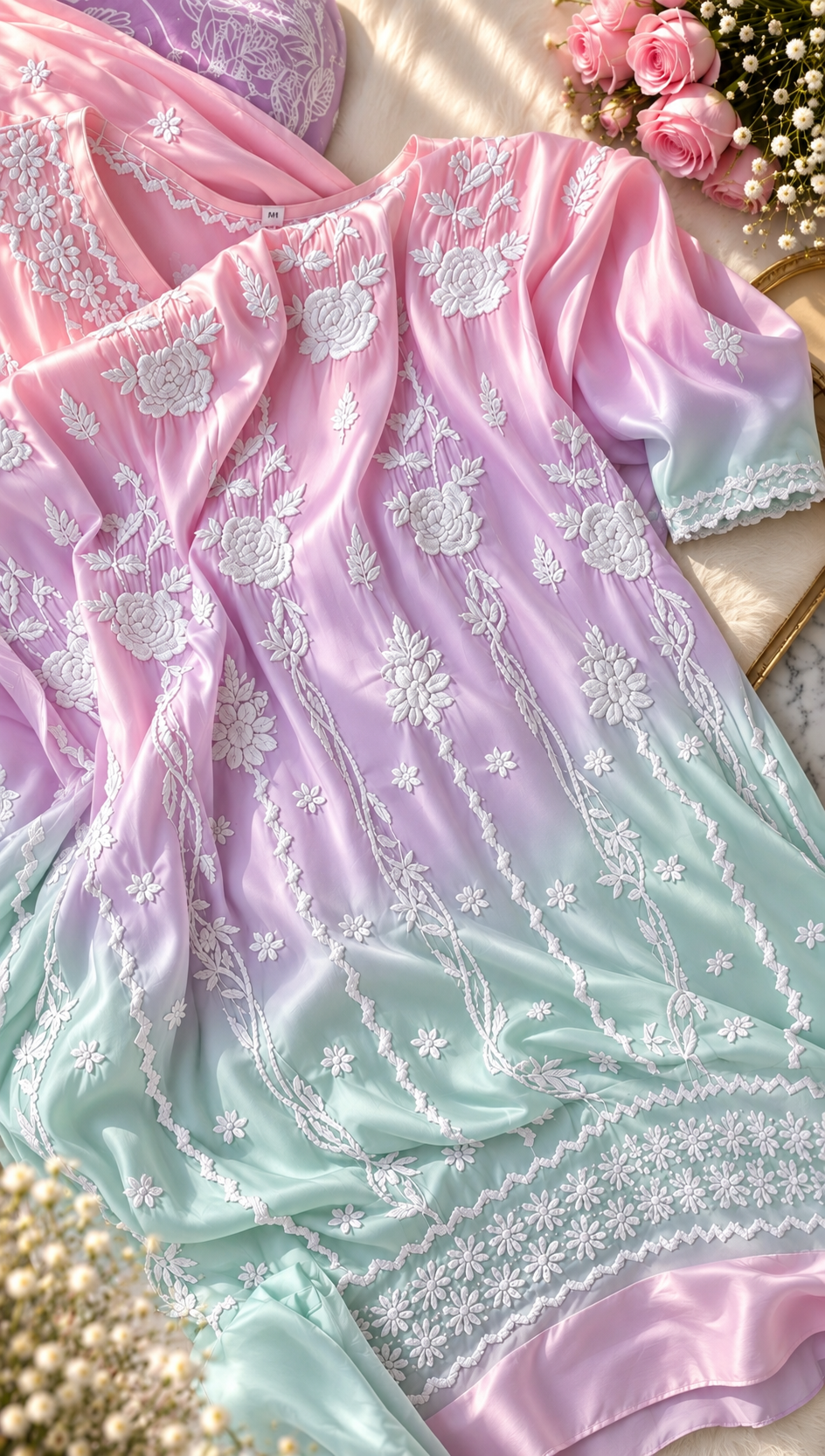 Handmade LVW Fashions silk Chikankari kurti co-ord set with intricate front and back embroidery, traditional Lucknow Chikankari style.