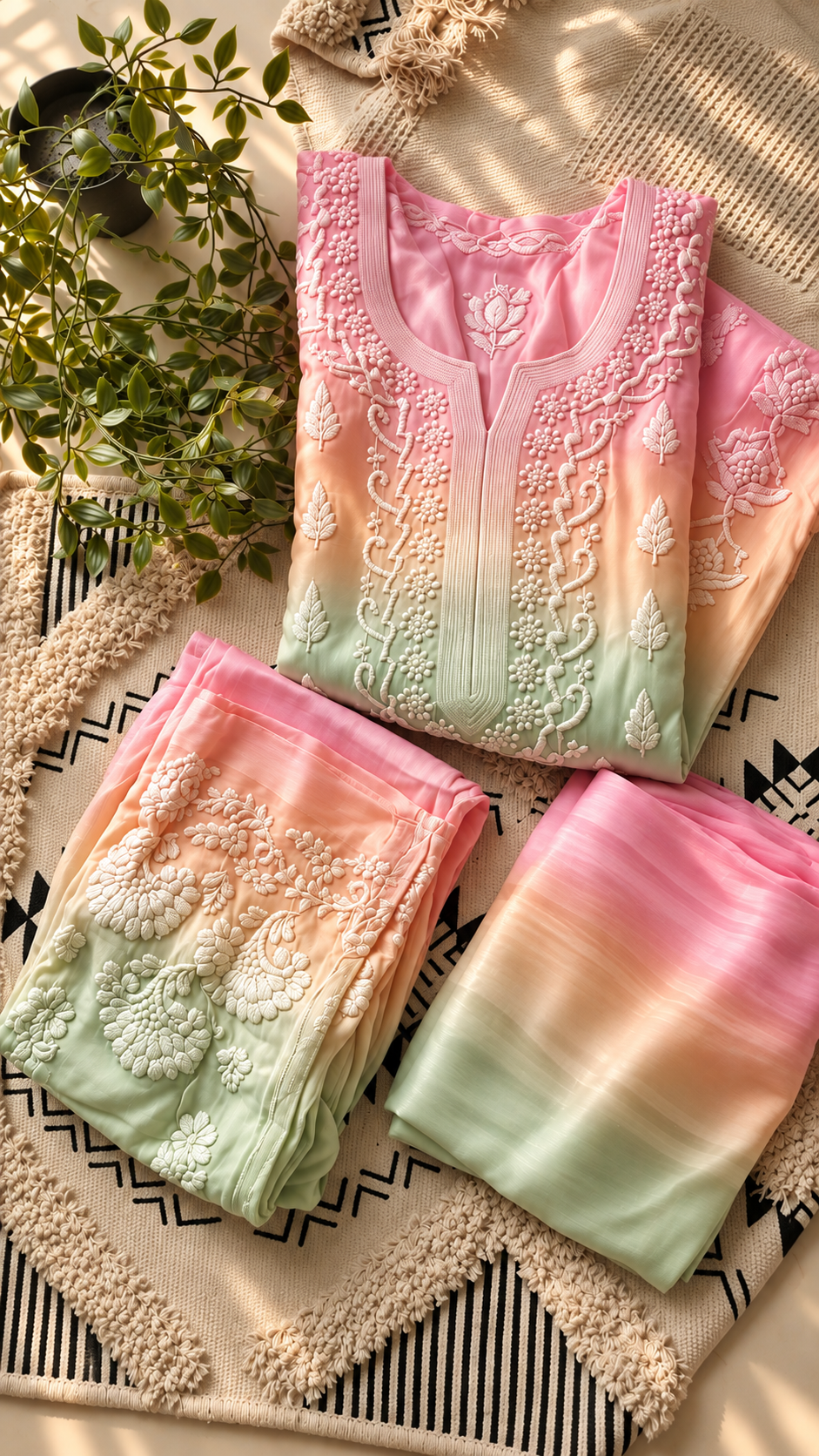 Luxury Candy Omrbe Premium Georgette Chikankari long kurta for women, handcrafted with intricate Lucknow Chikankari embroidery.