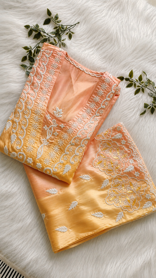 Peach and Sunshine Pure Handcrafted Designer Co-ord Set with Chikankari and golden work