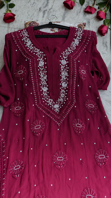 Noori Ruby Ombre Premium Georgette Chikankari Pearls Cutdana Embroidery