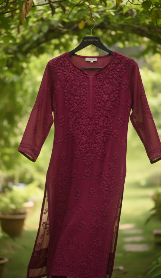Tyrian Heavy Pure Handcrafted Embroidery Premium Georgette Chikankari Kurti set for Women