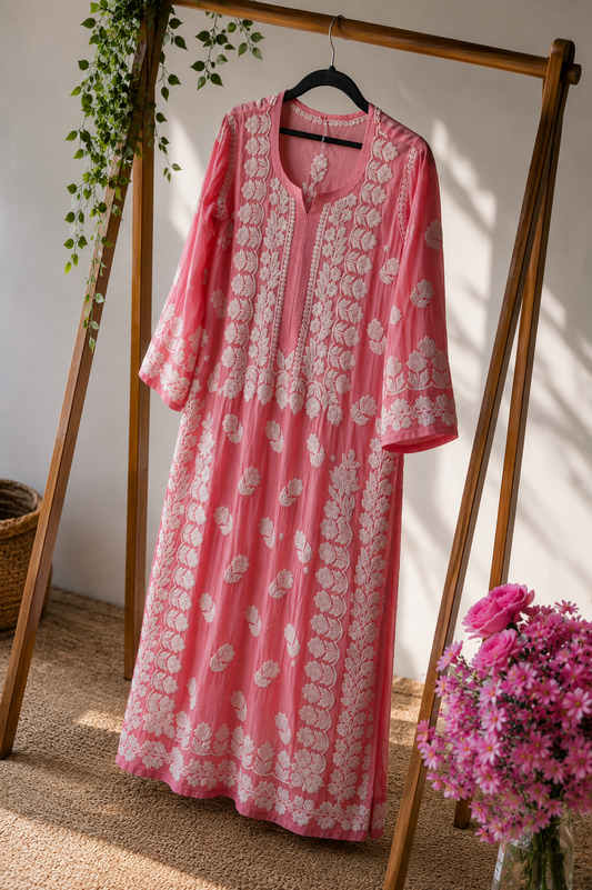 Beautiful Pinkish Chikankari Pure Handcrafted Luxurious Long Kurta
