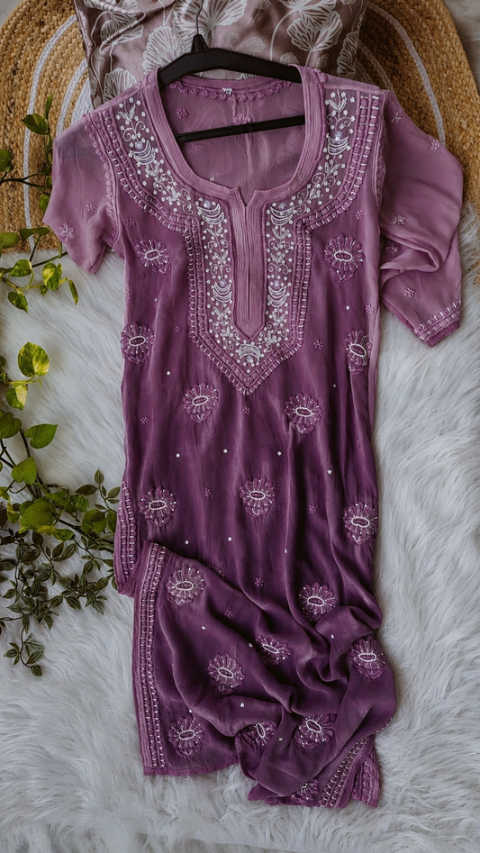 Noori Plum Premium Georgette Chikankari Pearls Cutdana Embroidery