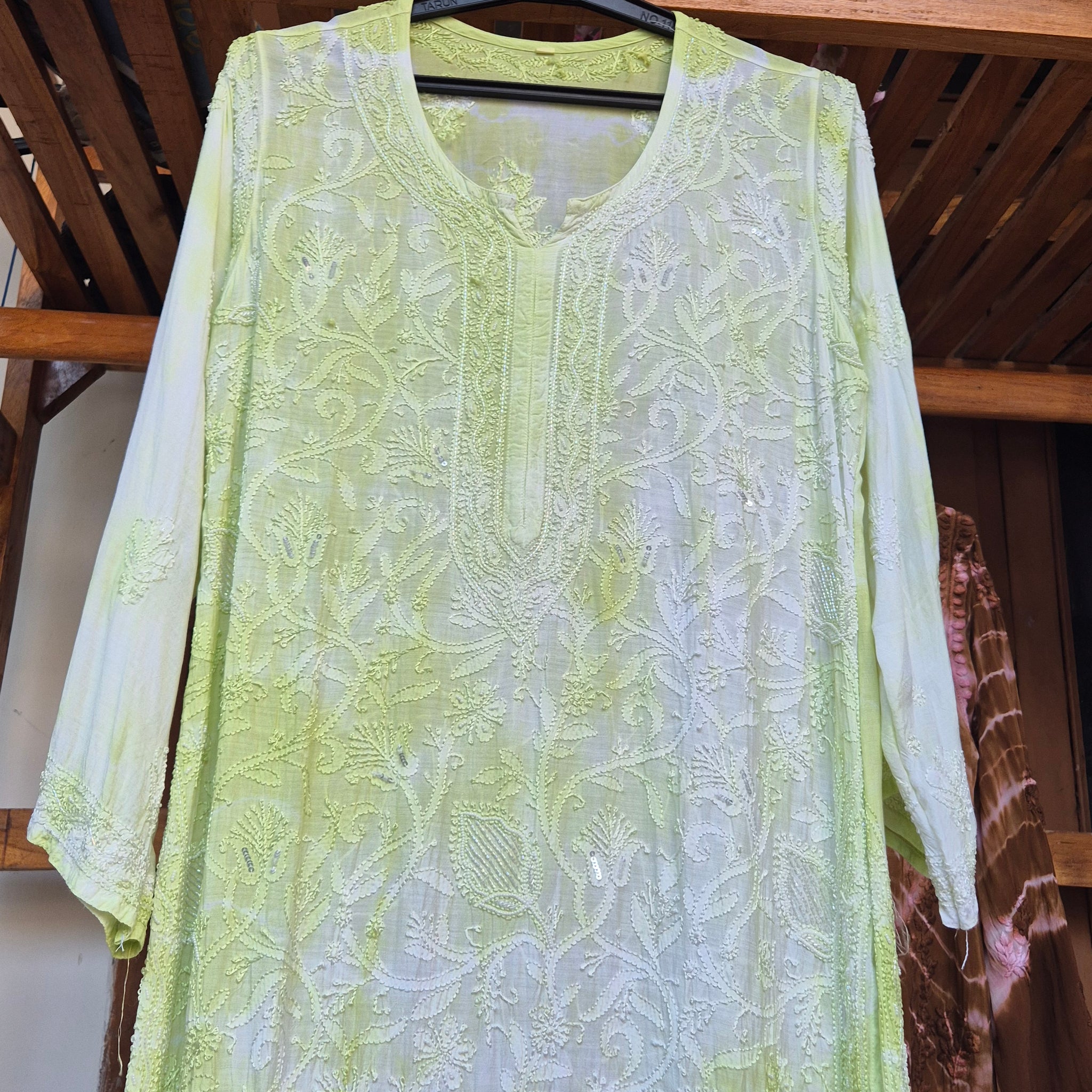Noori Premium Mul Soft Cotton Muslin Long Chikankari Kurta With Pearl And Cutdana Add On