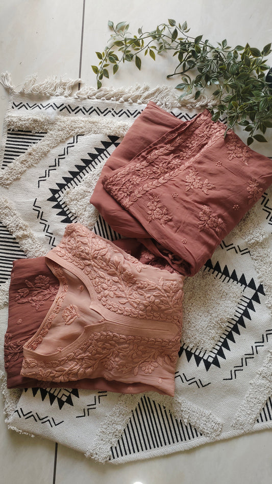 Hershey's kiss Ombre brownPremium Georgette luxurious Chikankari Long Kurta Heavy Embroidery with Light weight