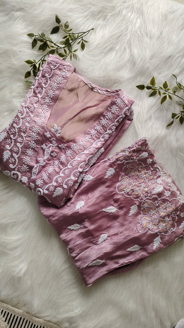 Adaya Deep Lavender Silk Pure Handcrafted Designer Co-ord Set with Chikankari and golden work