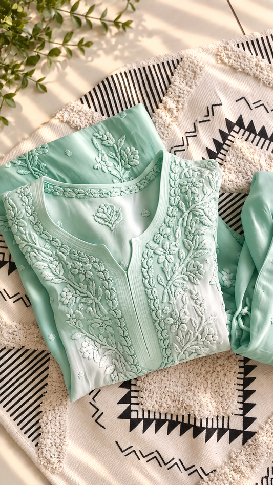 Mint  Ombre Premium Georgette luxurious Chikankari Long Kurta Heavy Embroidery with Light weight