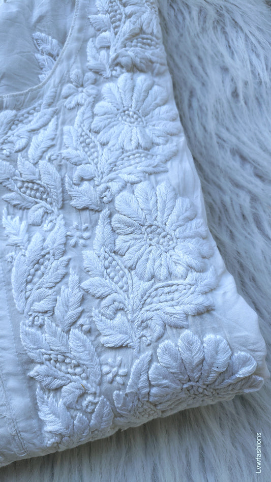 Plus Love Sofiya Luxurious Premium Modal Silk White Chikankari Embroidery Kurta