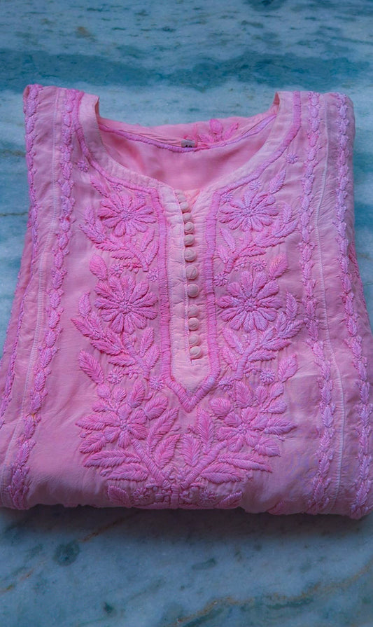 Pinkish Premium Mul Silk Oversized Chikankari Long Kurta