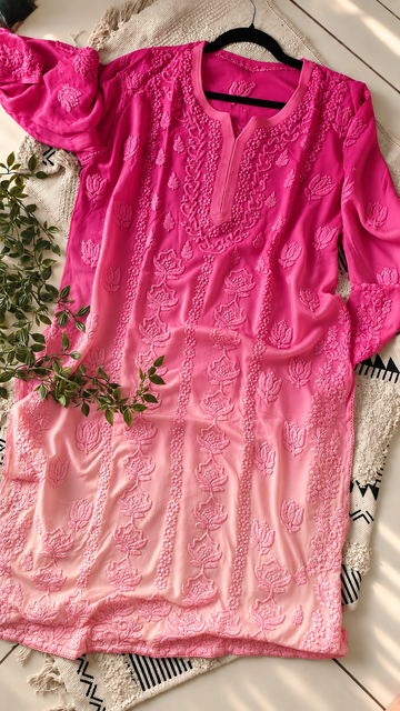 Fushia bloom Ombre Premium Georgette luxurious Chikankari Long Kurta Heavy Embroidery with Light weight