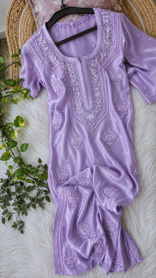 Noori Lilac Premium Georgette Chikankari Pearls Cutdana Embroidery