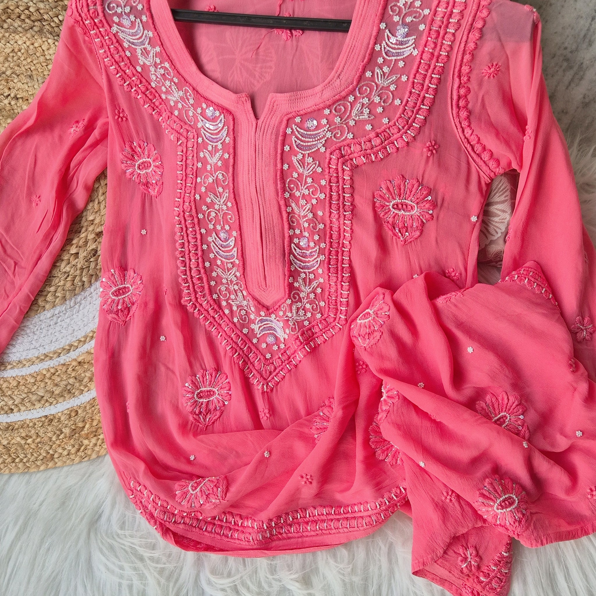 Salmon Pink  Noori  Premium Georgette Chikankari Kurta Cutdana Embroidery