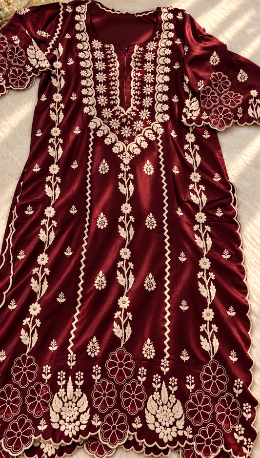 Shaya Crepe silk Chikankari Kurti with floral Cutwork Design