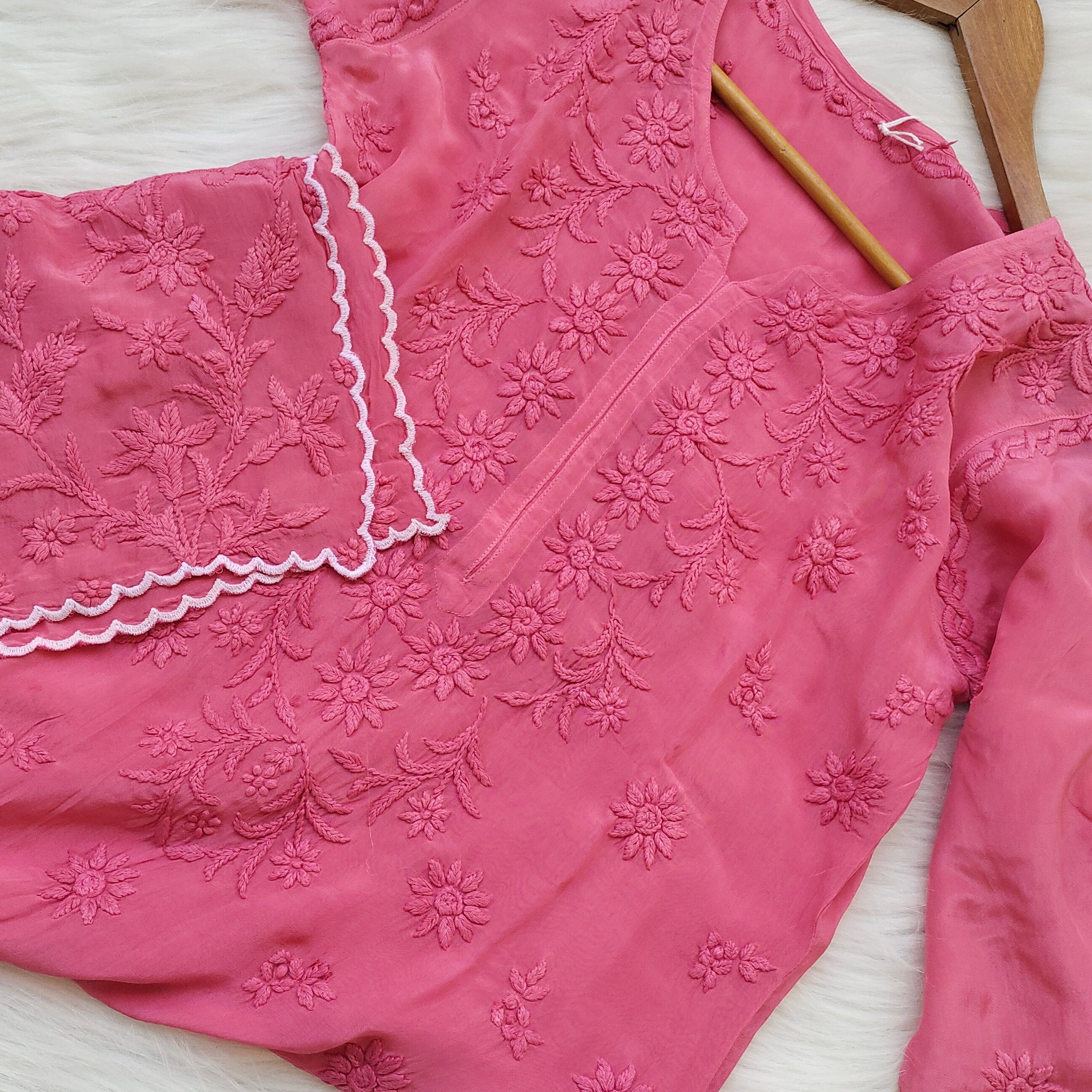 Pinkish Cutwork Premium Silk Chikankari Luxurious Long Kurta