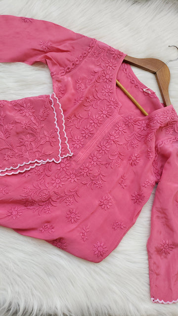 Pinkish Cutwork Premium Silk Chikankari Luxurious Long Kurta