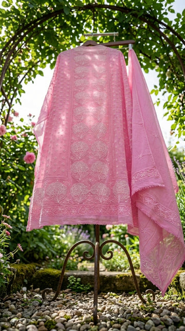 Noore Jahan Premium Georgette Pearl Rose Embroidery With Touch Of Chikankari Kurta Dupatta Set (Unstitched)
