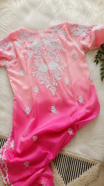 Pinkish ombre Azhel Co-ord Set With back And Sleeves Embroidery Special (One Creation)