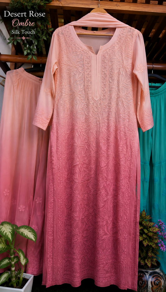 Desert Ombre Premium Georgette Chikankari Pure Handcrafted Luxurious Long Kurta
