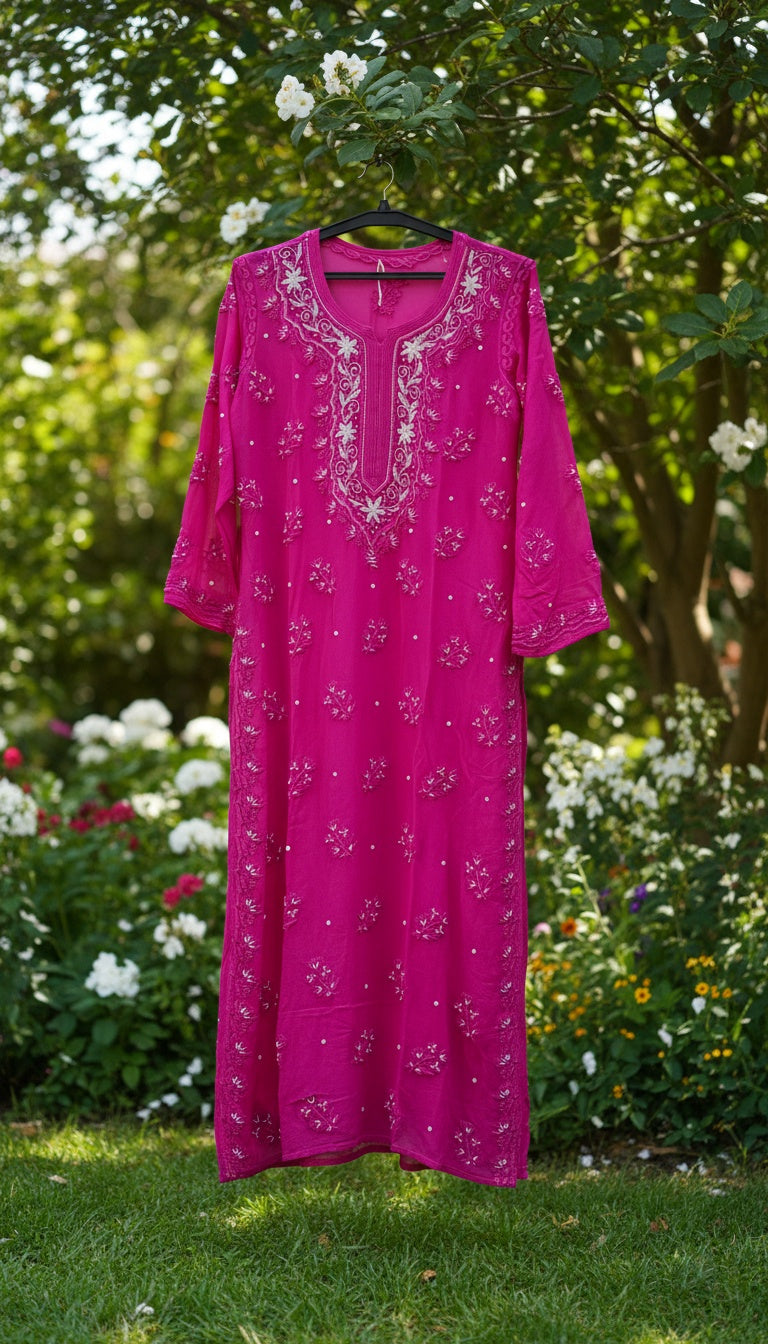 Hot Pink Beautiful Noori  Premium Georgette Chikankari Kurta Cutdana Embroidery