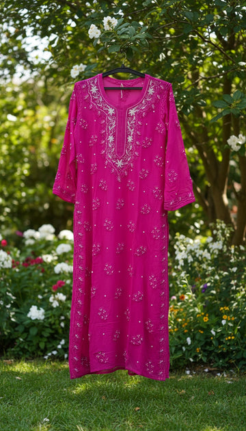Hot Pink Beautiful Noori  Premium Georgette Chikankari Kurta Cutdana Embroidery