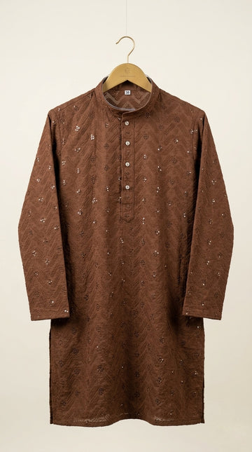 Pure Brown Cotton Lucknowi Men's Kurta With Jaali Detailing
