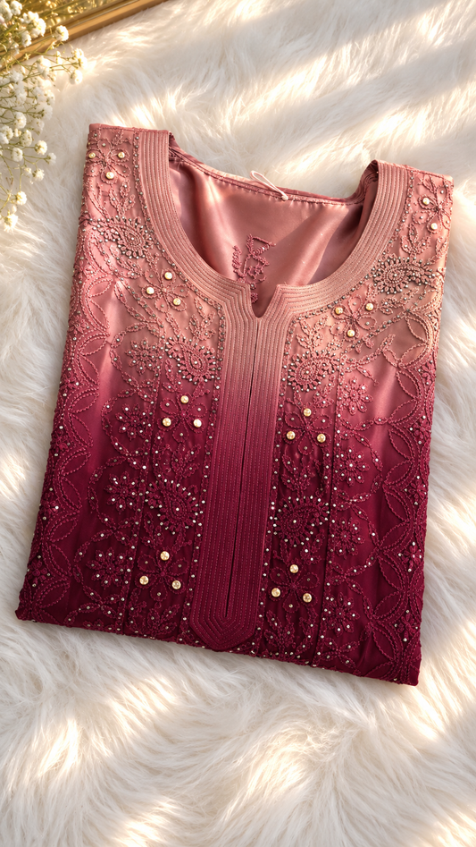 Bordeaux Blush Premium Georgette Pure Handcrafted Chikankari Kurta Set