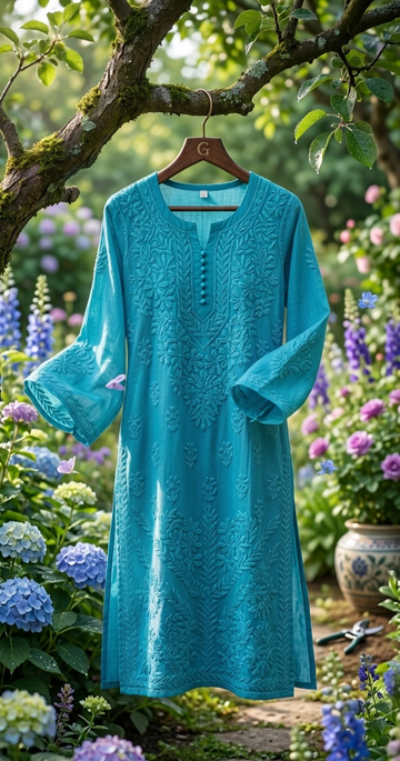 RAFIYA Turquoise  Premium Silk  Puffed Chikankari Long Kurta Pure Handcrafted