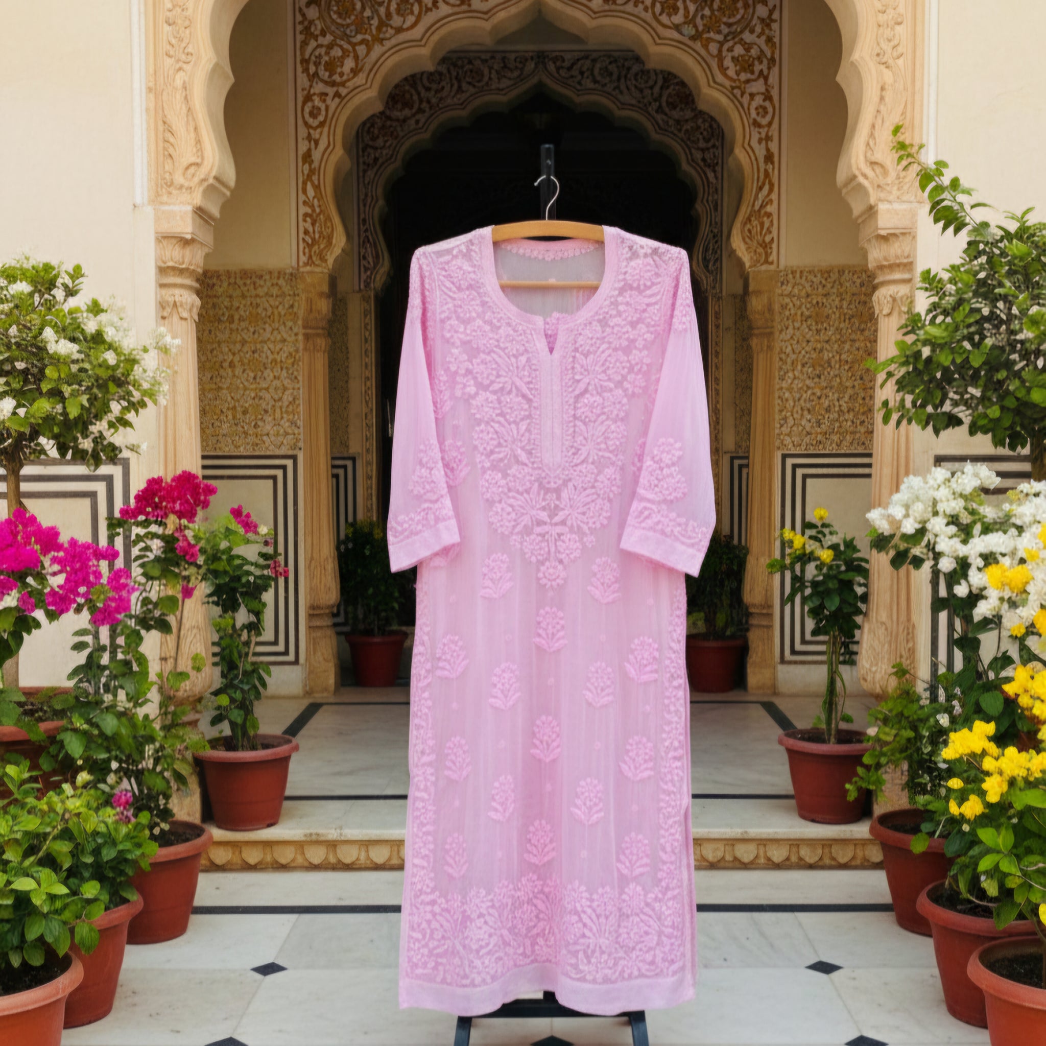 Pinkish Premium Georgette Luxurious Chikankari Long Kurti