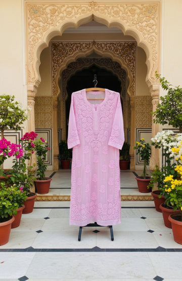 Pinkish Premium Georgette Luxurious Chikankari Long Kurti