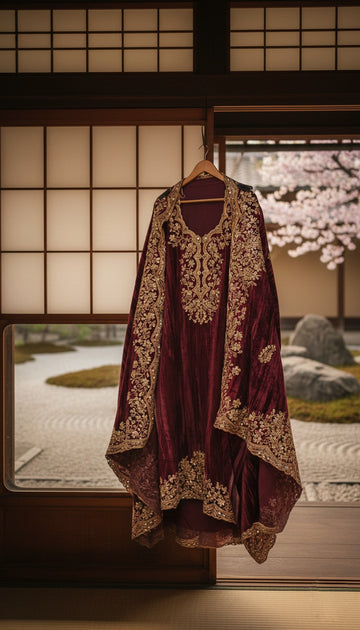 Pure Velvet Real Mirror Work Full Unstitched Suit Kurta Bottom Shawl (prepaid) Check Description For More Details