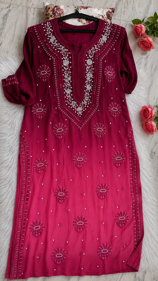 Noori Ruby Ombre Premium Georgette Chikankari Pearls Cutdana Embroidery