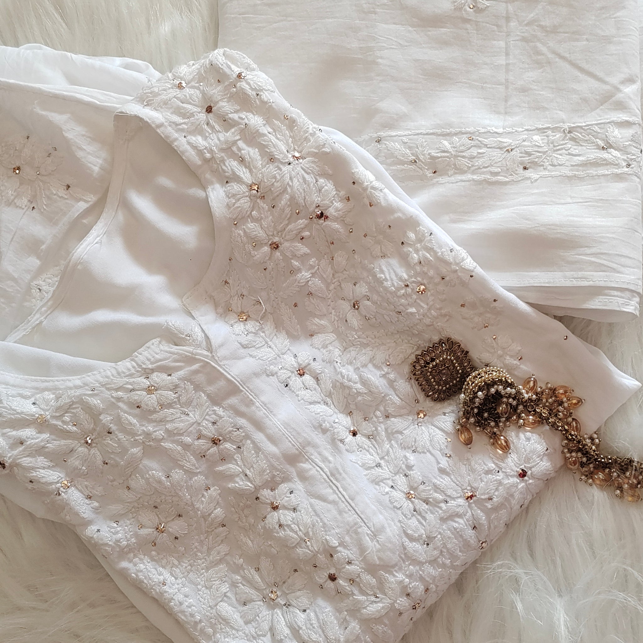 Safed Premium Soft Mulmul Non Transparent Chikankari Suit with Embroidered Dupatta