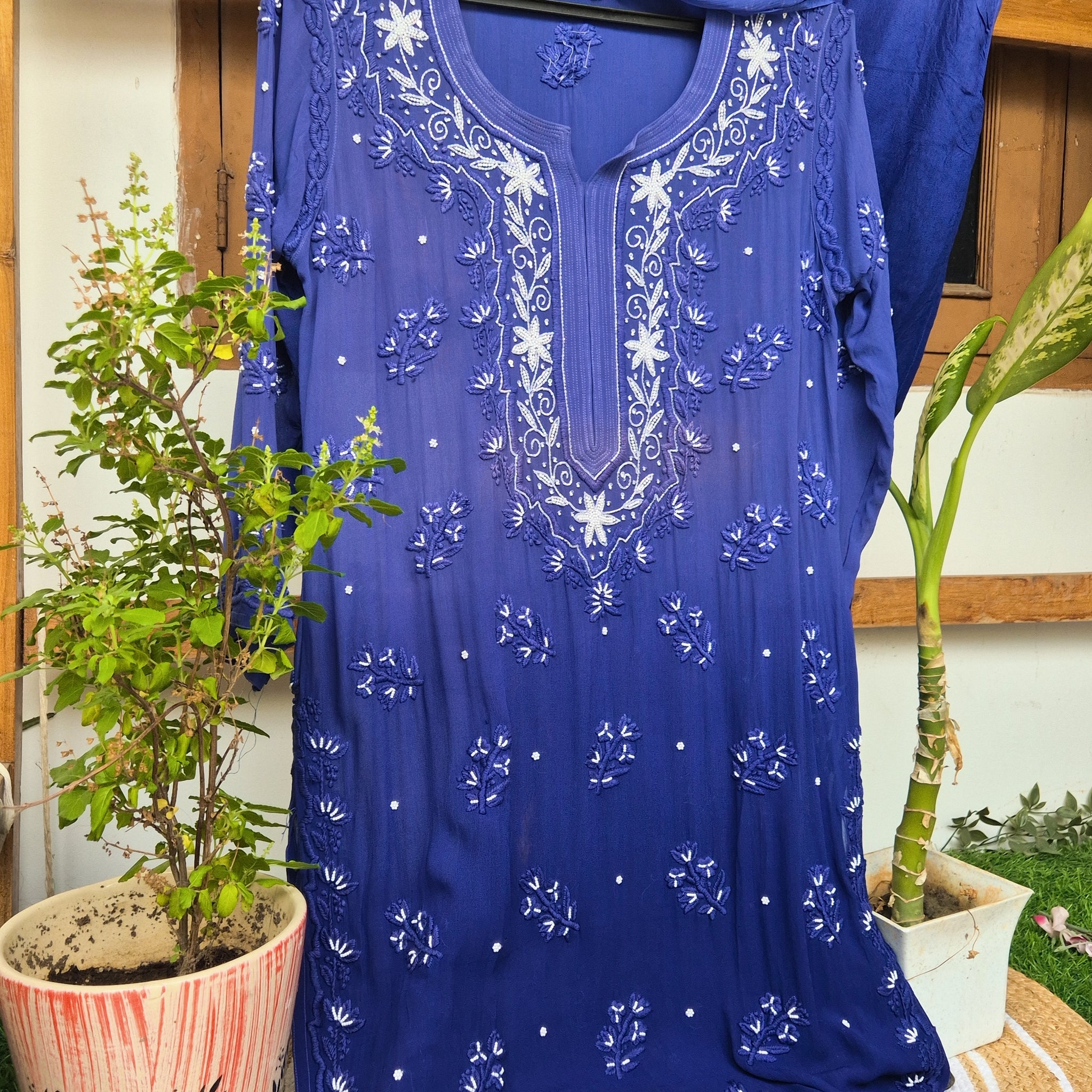 Noori Blue Ombre Premium Silk Chikankari Pearls Cutdana Embroidery