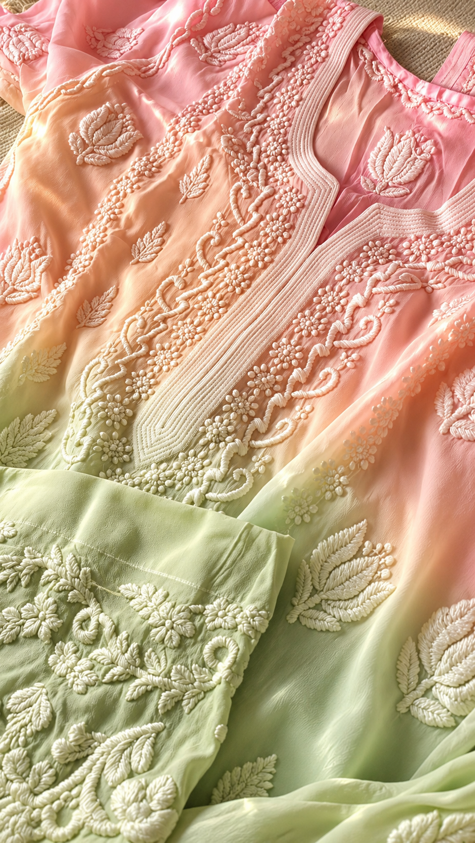Luxurious Candy Omrbe Premium Georgette Chikankari long kurta for women by LVW Fashions, handmade Lucknow Chikankari design.