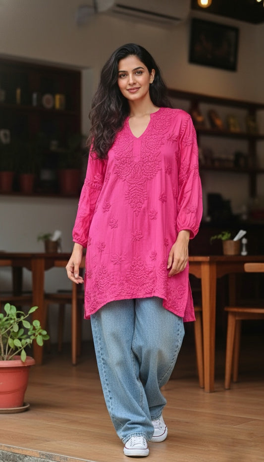 Pink  Chand Premium Silk Luxurious Chikankari Handcrafted kurti (5 times Dyeable)