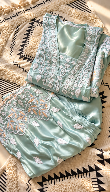 Silk Pure Handcrafted Designer Co-ord Set with Chikankari and golden Gota work