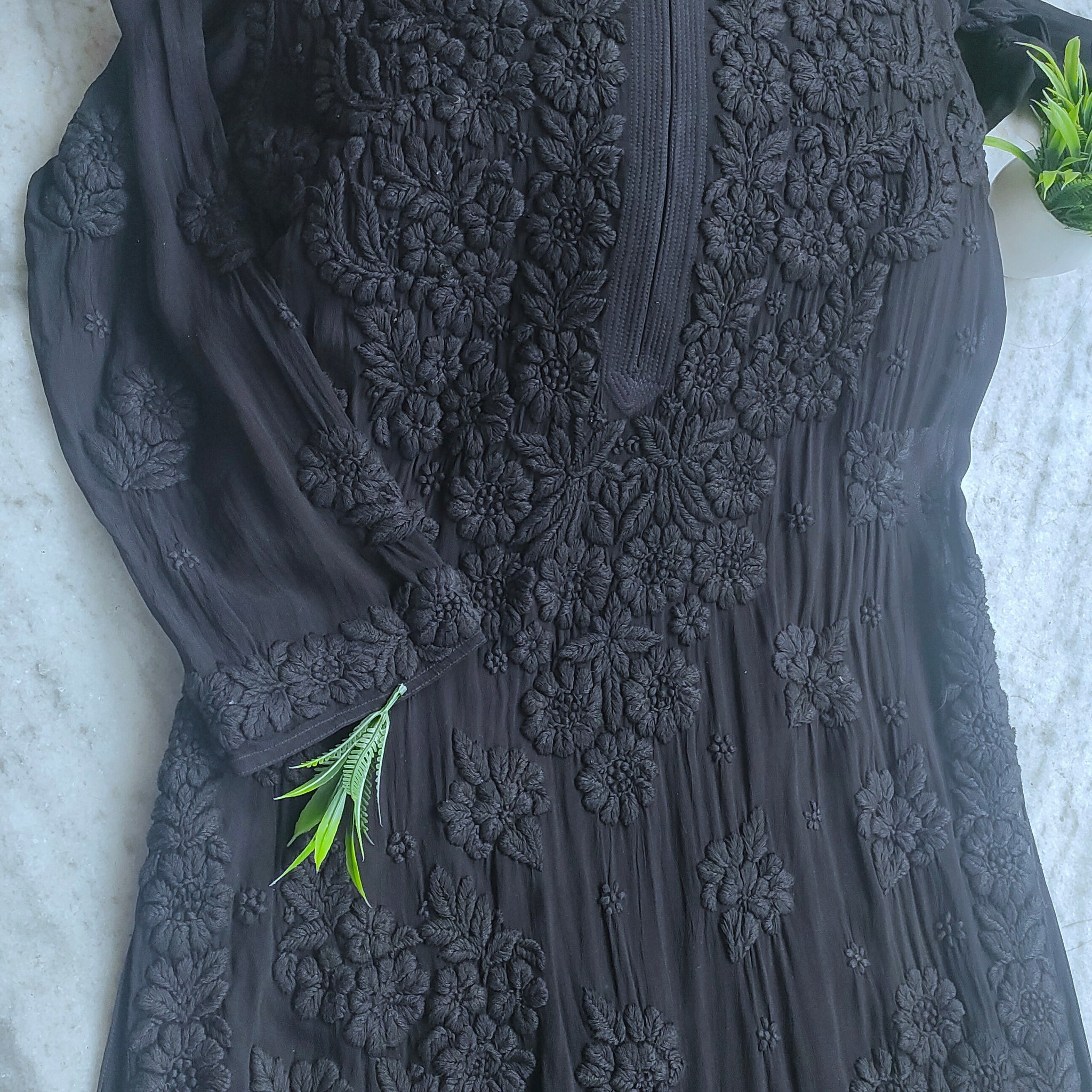 Black Luxurious Premium Georgette Chikankari Long Kurta