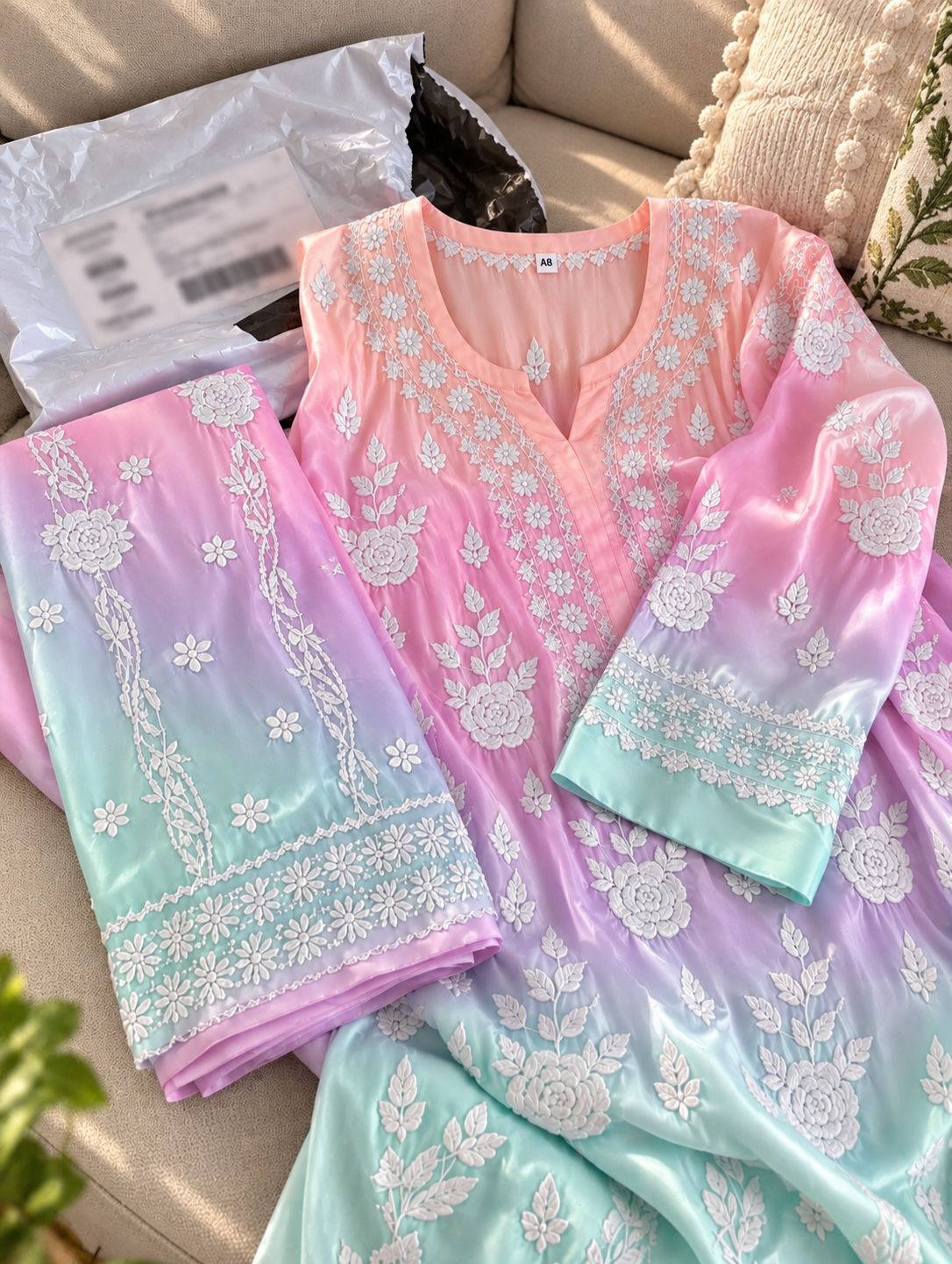 Handmade silk Chikankari kurti co-ord set with intricate front and back embroidery by LVW Fashions, featuring traditional Lucknow embroidery.