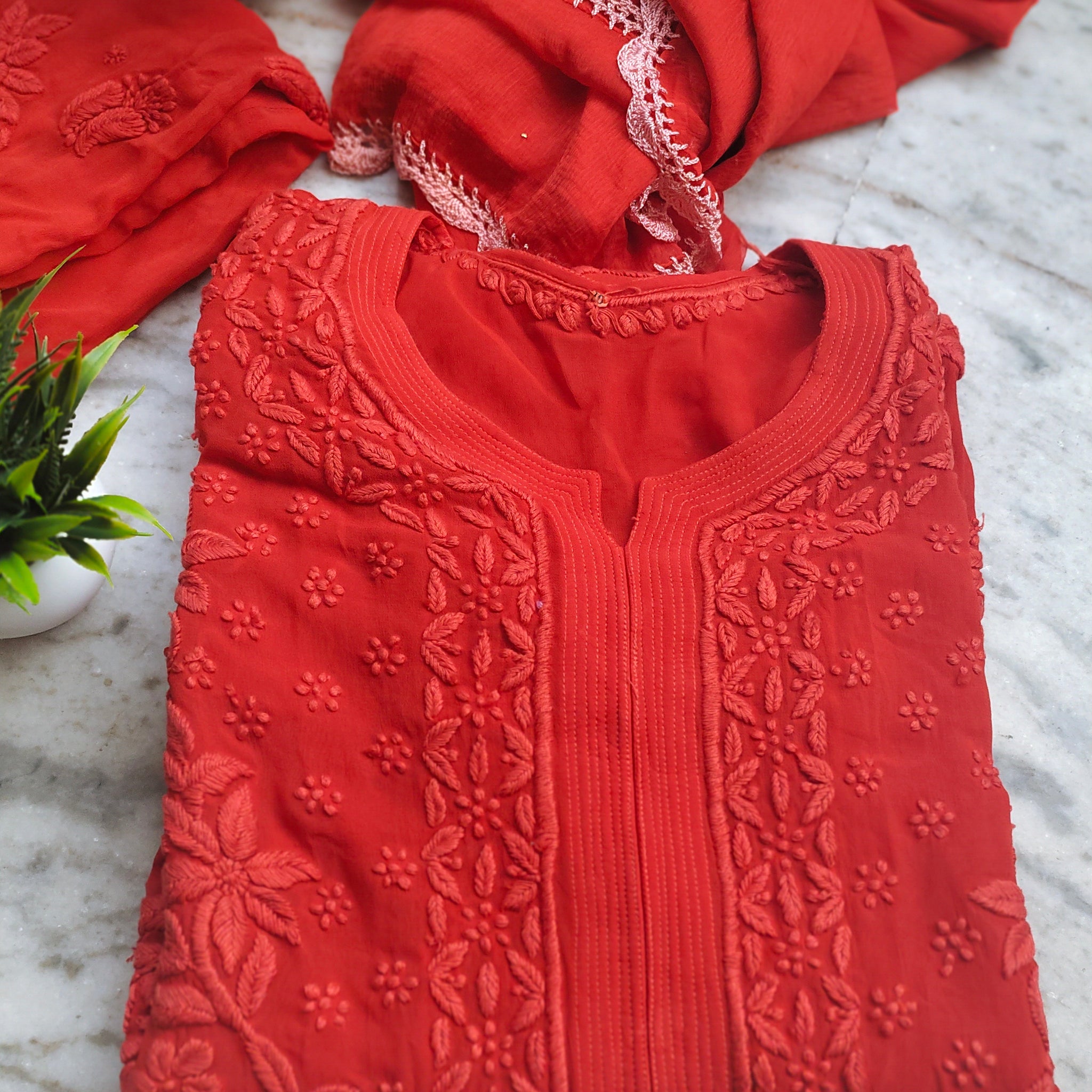 Adaya Chilly Red Premium Silk Chikankari Kurta Set